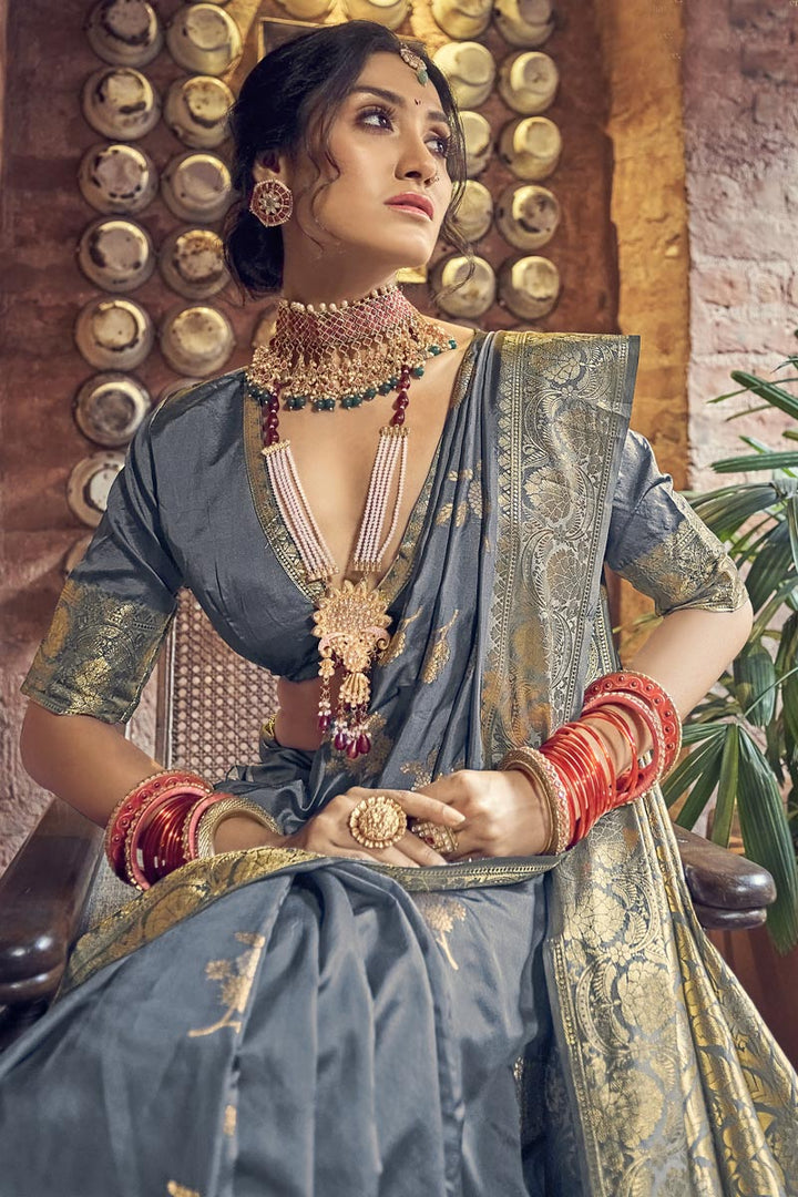 Grey Color Banarasi Art Silk Fabric Elegant Weaving Work Saree