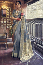 Load image into Gallery viewer, Grey Color Banarasi Art Silk Fabric Elegant Weaving Work Saree

