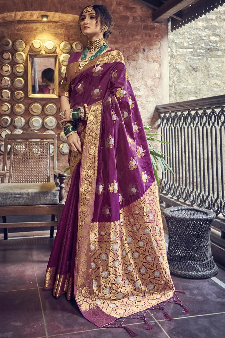 Charming Purple Color Banarasi Art Silk Fabric Weaving Work Saree