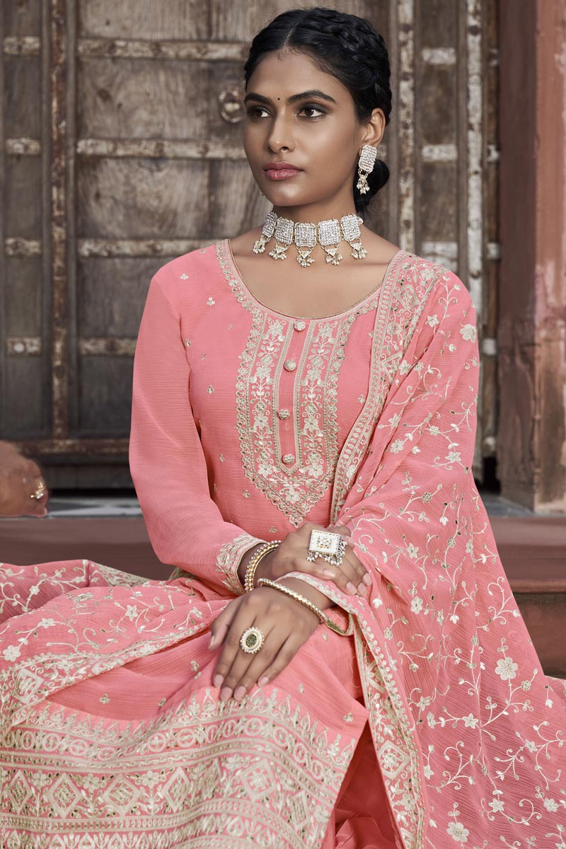 Georgette Fabric Peach Color Festival Look Sober Palazzo Suit