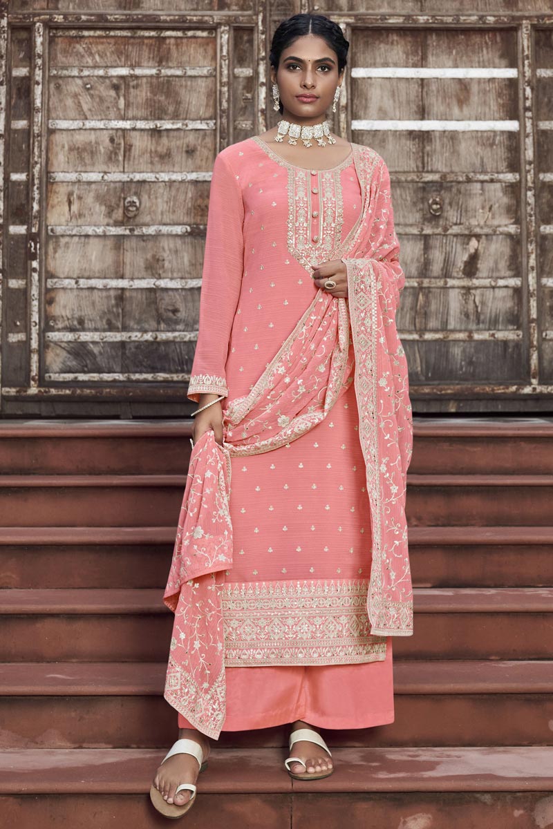 Georgette Fabric Peach Color Festival Look Sober Palazzo Suit