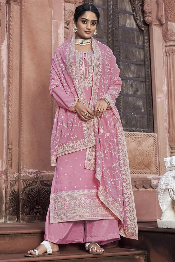 Riveting Festival Wear Georgette Palazzo Suit In Pink Color
