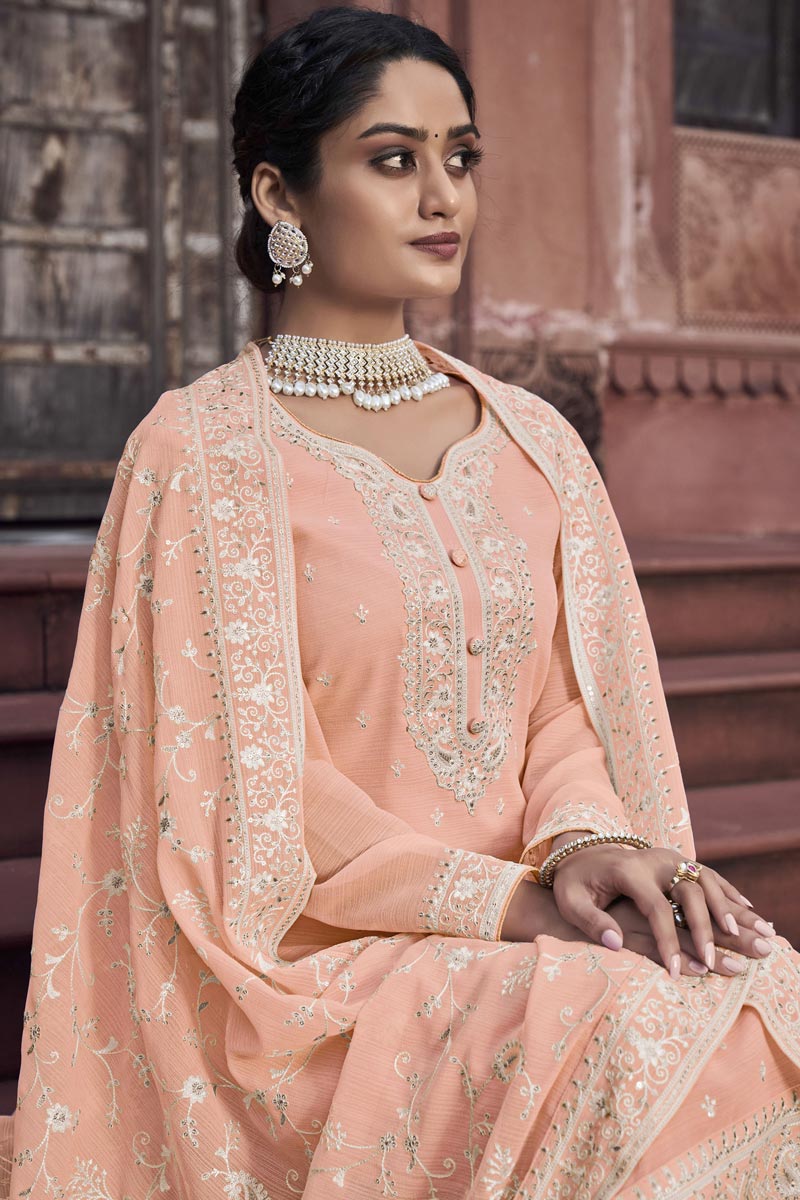 Peach Color Admirable Festival Wear Georgette Palazzo Suit