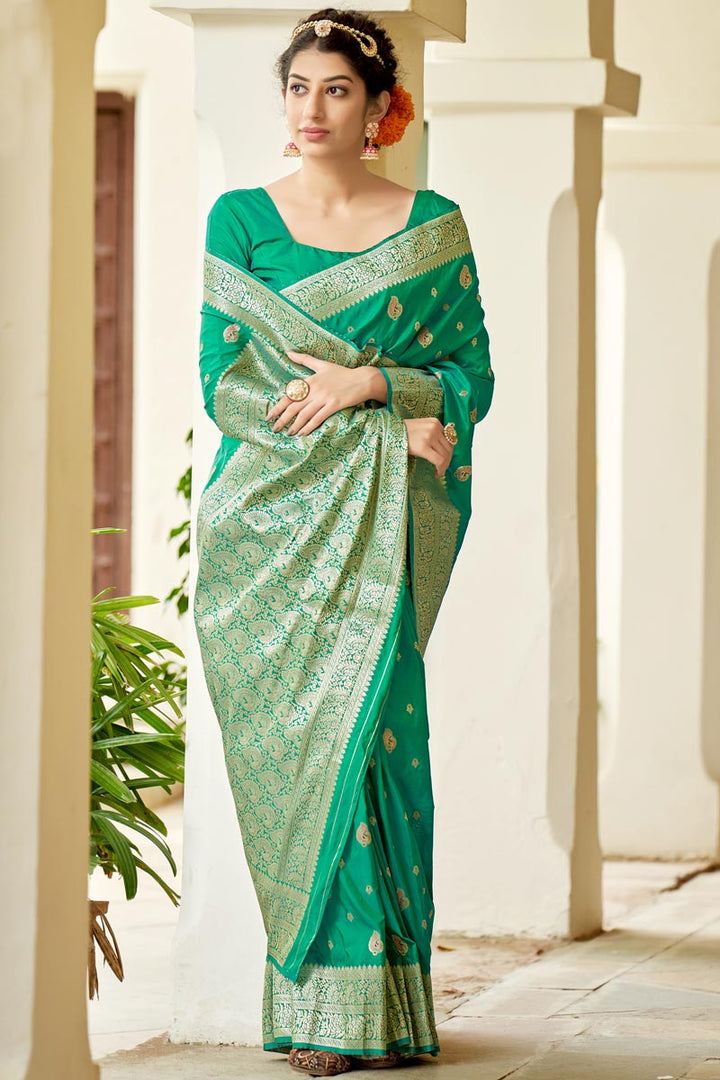 Sangeet Wear Weaving Work On Green Color Art Silk Saree