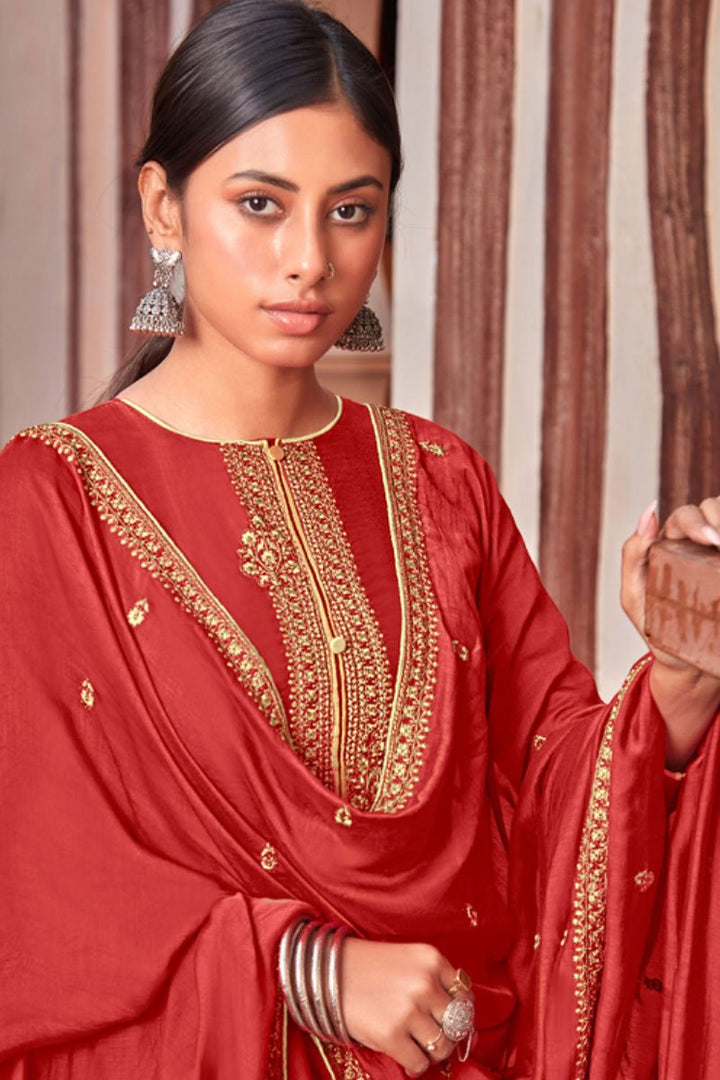 Festive Wear Red Color Embroidered Straight Cut Cotton Silk Fabric Dress