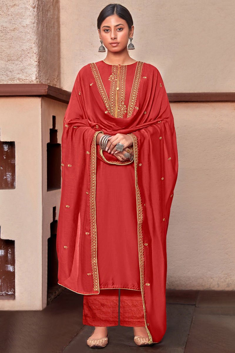Festive Wear Red Color Embroidered Straight Cut Cotton Silk Fabric Dress