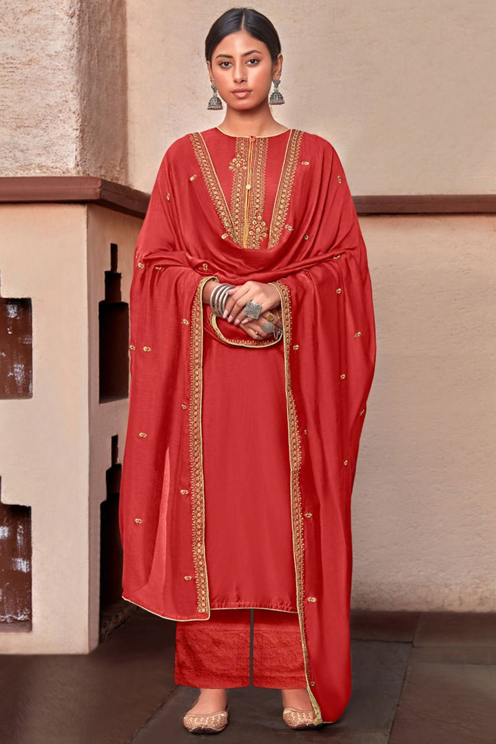 Festive Wear Red Color Embroidered Straight Cut Cotton Silk Fabric Dress
