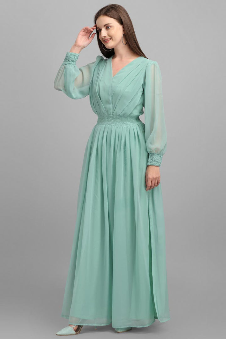 Party Look Georgette Fabric Sea Green Color Engaging Gown