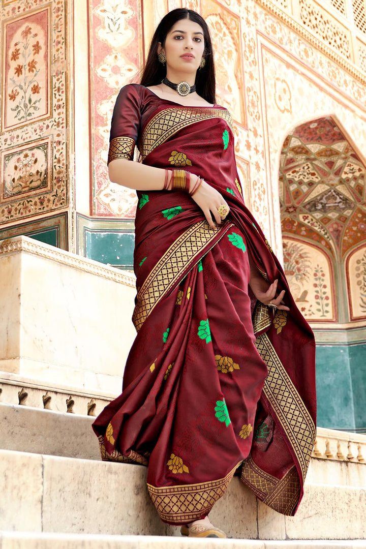 Art Silk Fabric Wedding Wear Maroon Color Fancy Weaving Work Saree
