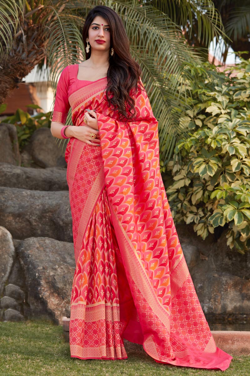 Art Silk Party Wear Trendy Pink Color Weaving Work Saree