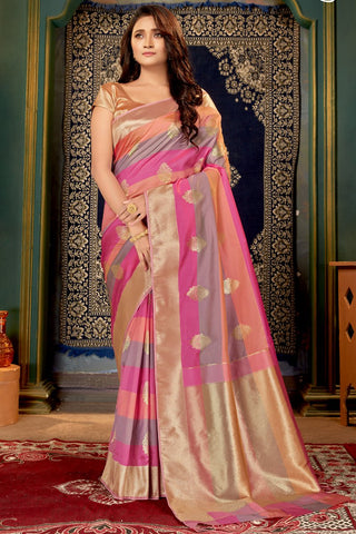 Party Wear Multi Color Fancy Art Silk Fabric Weaving Work Saree