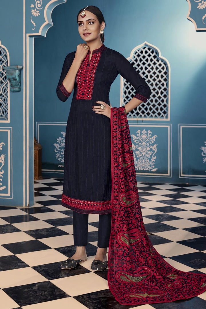 Navy Blue Color Party Wear Thread Embroidered Straight Cut Suit In Art Silk