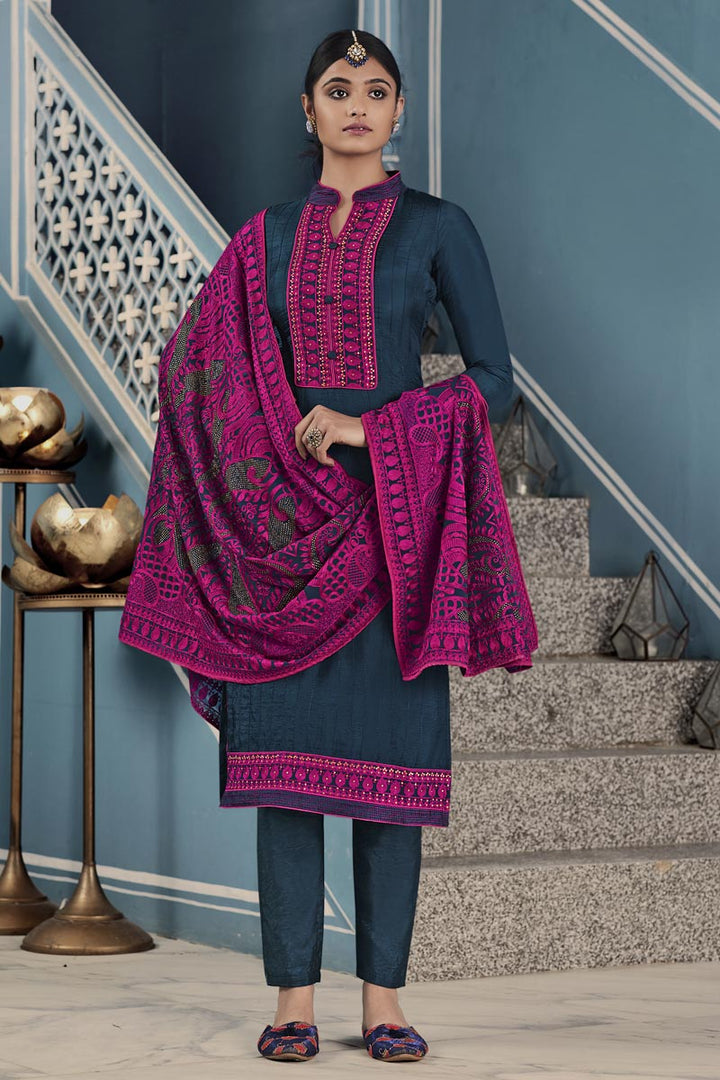 Art Silk Party Wear Thread Embroidered Straight Cut Suit In Grey Color