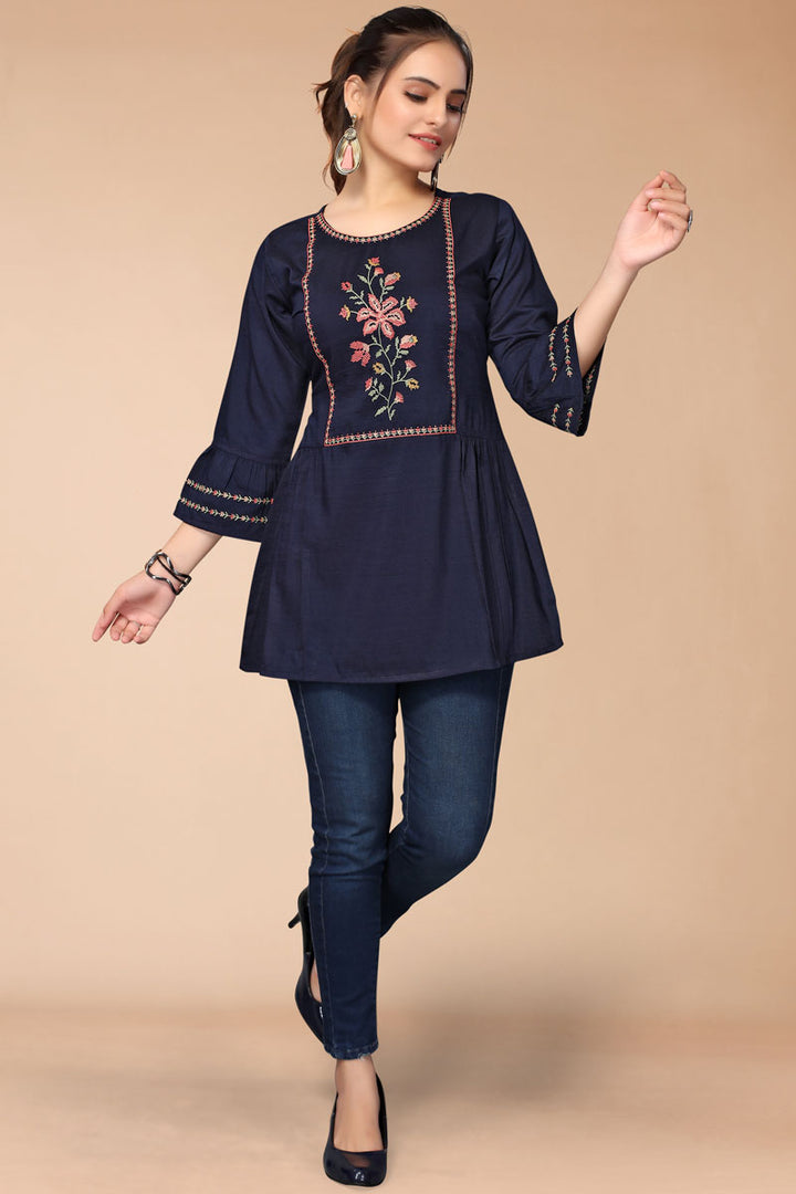 Classic Embroidered Work On Navy Blue Color Short Kurti In Rayon Fabric