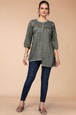 Load image into Gallery viewer, Alluring Grey Color Rayon Fabric Short Kurti With Embroidered Work
