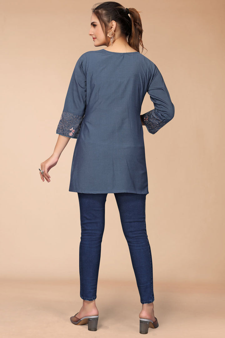 Rayon Fabric Blue Color Short Kurti With Remarkable Embroidered Work