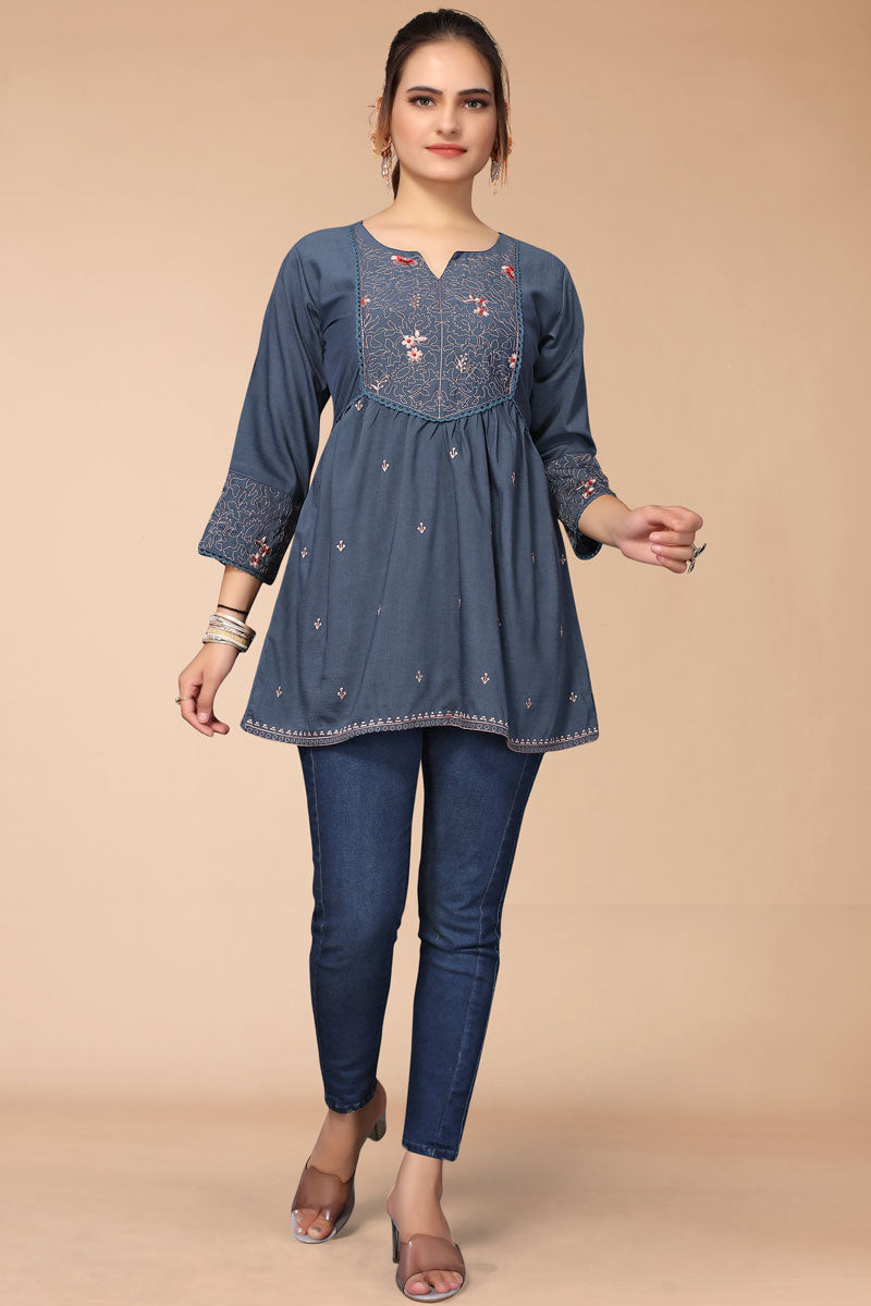 Rayon Fabric Blue Color Short Kurti With Remarkable Embroidered Work