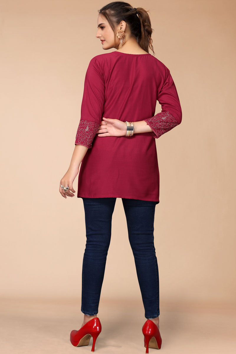 Radiant Embroidered Work On Red Color Rayon Fabric Short Kurti