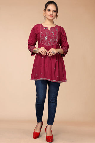 Radiant Embroidered Work On Red Color Rayon Fabric Short Kurti