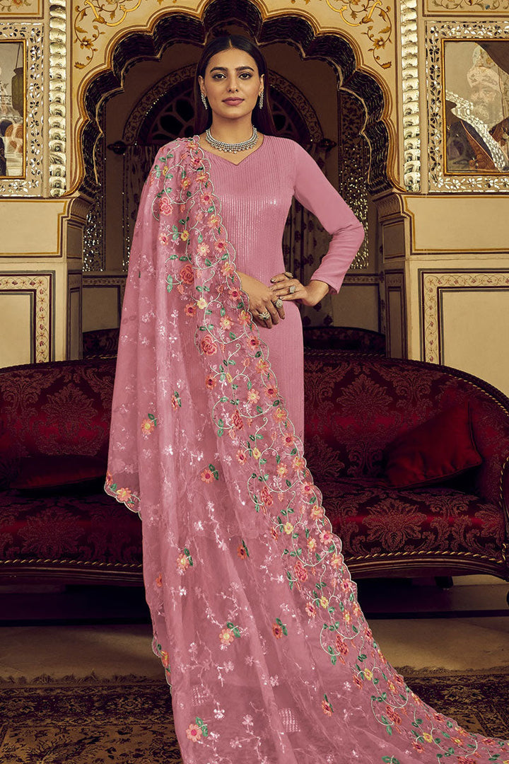 Function Wear Georgette Fabric Palazzo Suit With Embroidered Dupatta In Pink Color