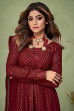 Load image into Gallery viewer, Beauteous Maroon Georgette Fabric Sangeet Wear Embroidered Work Readymade Anarkali Suit Featuring Shamita Shetty

