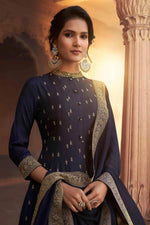 Load image into Gallery viewer, Party Wear Art Silk Fabric Fancy Embroidered Gown With Dupatta In Navy Blue Color

