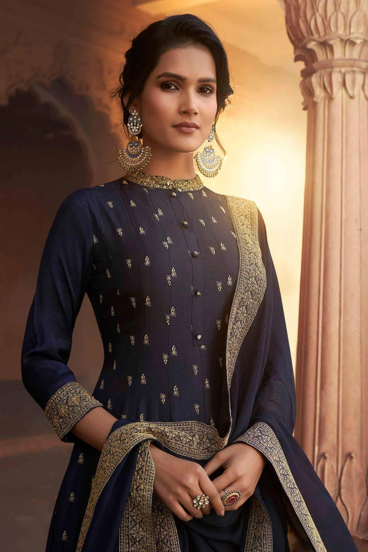 Party Wear Art Silk Fabric Fancy Embroidered Gown With Dupatta In Navy Blue Color