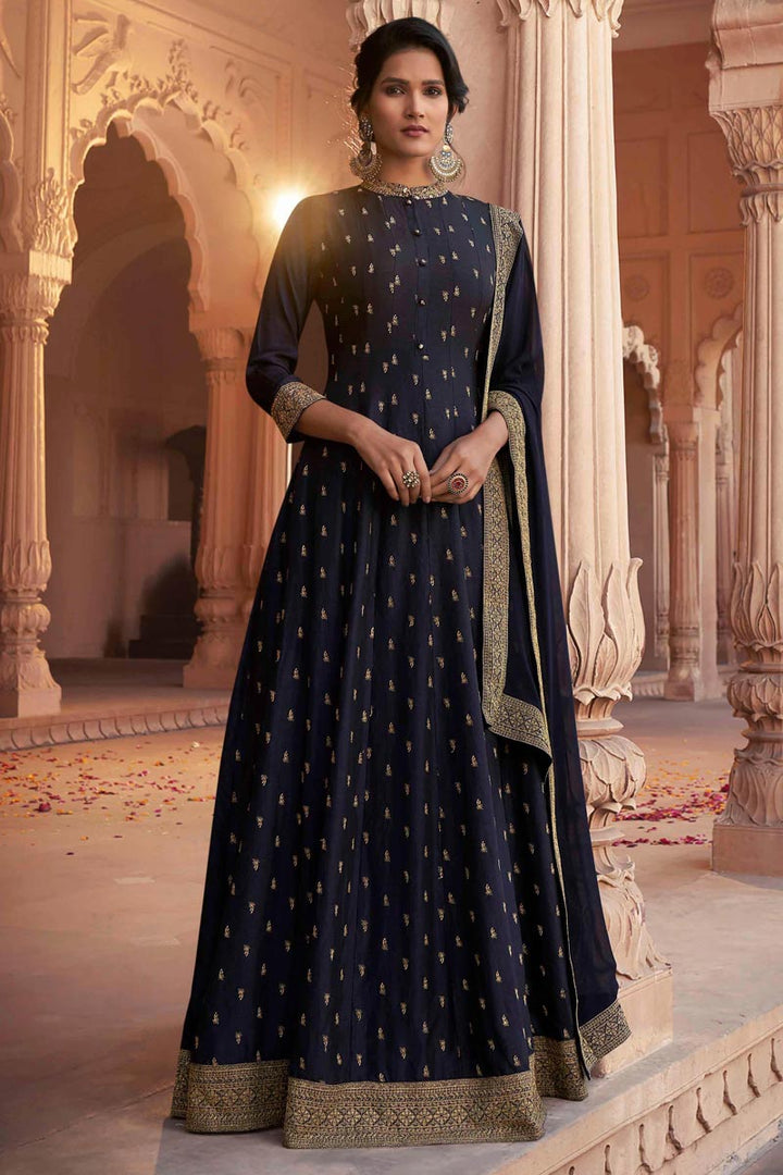 Party Wear Art Silk Fabric Fancy Embroidered Gown With Dupatta In Navy Blue Color