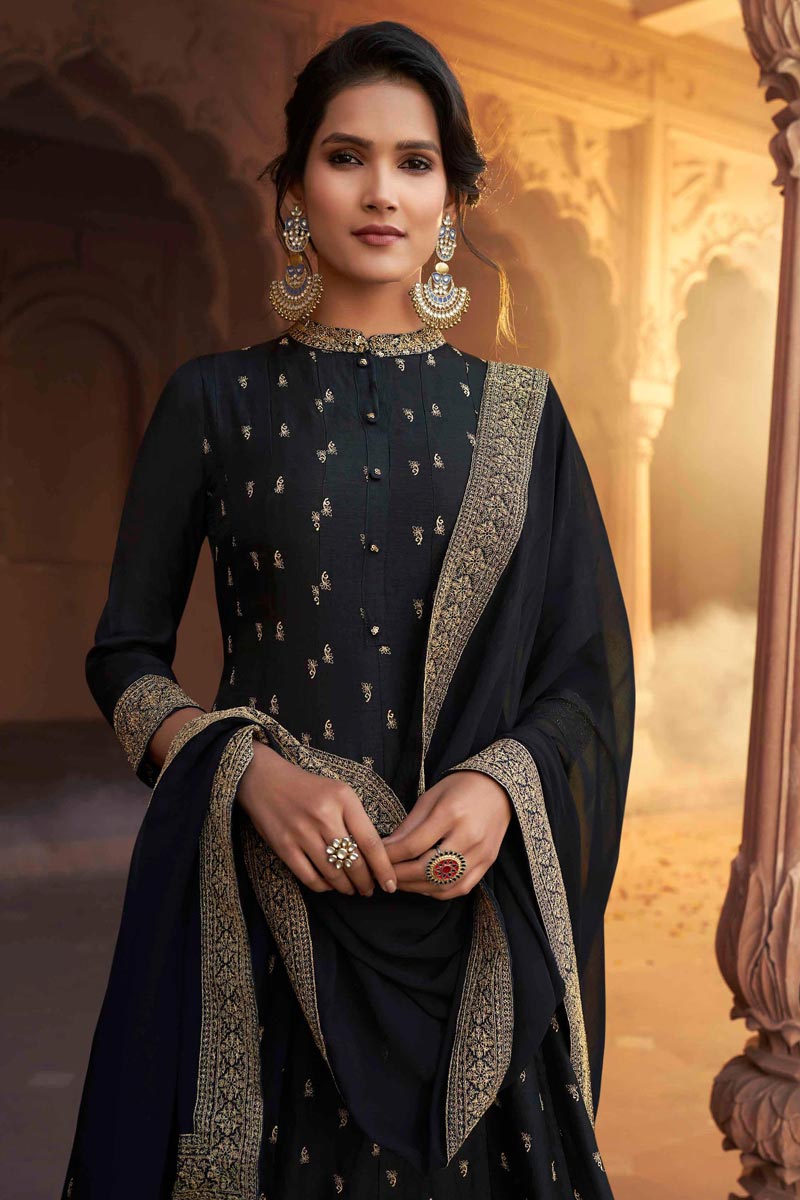 Art Silk Fabric Party Wear Fancy Embroidered Gown With Dupatta In Black Color