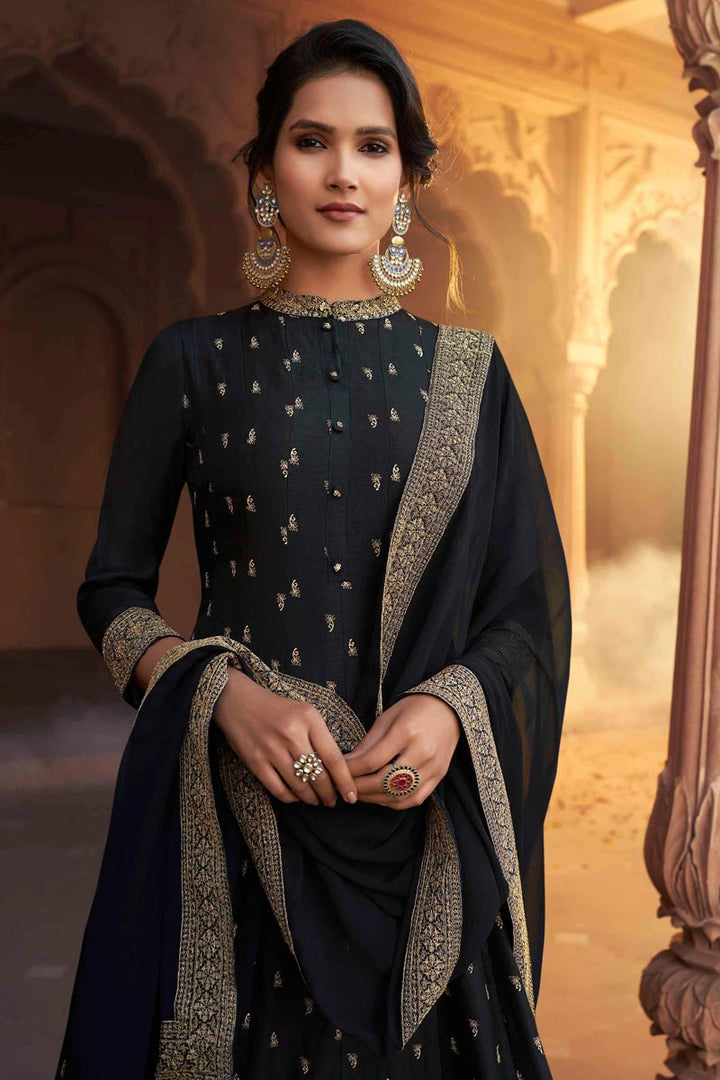 Art Silk Fabric Party Wear Fancy Embroidered Gown With Dupatta In Black Color