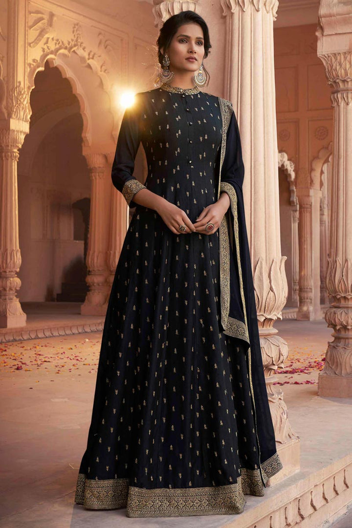 Art Silk Fabric Party Wear Fancy Embroidered Gown With Dupatta In Black Color
