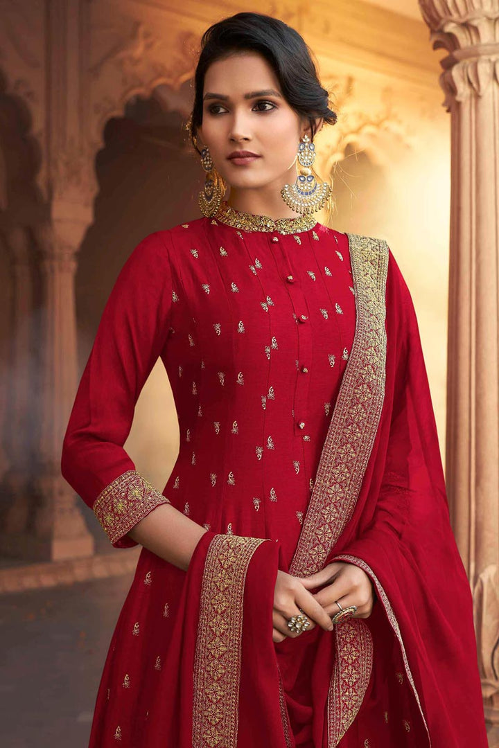 Fancy Art Silk Fabric Red Color Party Wear Embroidered Gown With Dupatta