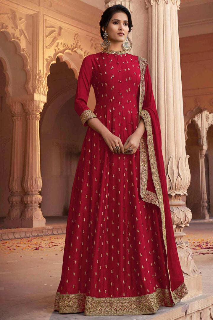 Fancy Art Silk Fabric Red Color Party Wear Embroidered Gown With Dupatta