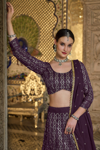 Purple Color Sangeet Wear Embroidered Georgette Fabric Embellished Lehenga