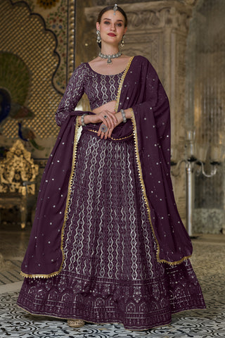 Purple Color Sangeet Wear Embroidered Georgette Fabric Embellished Lehenga