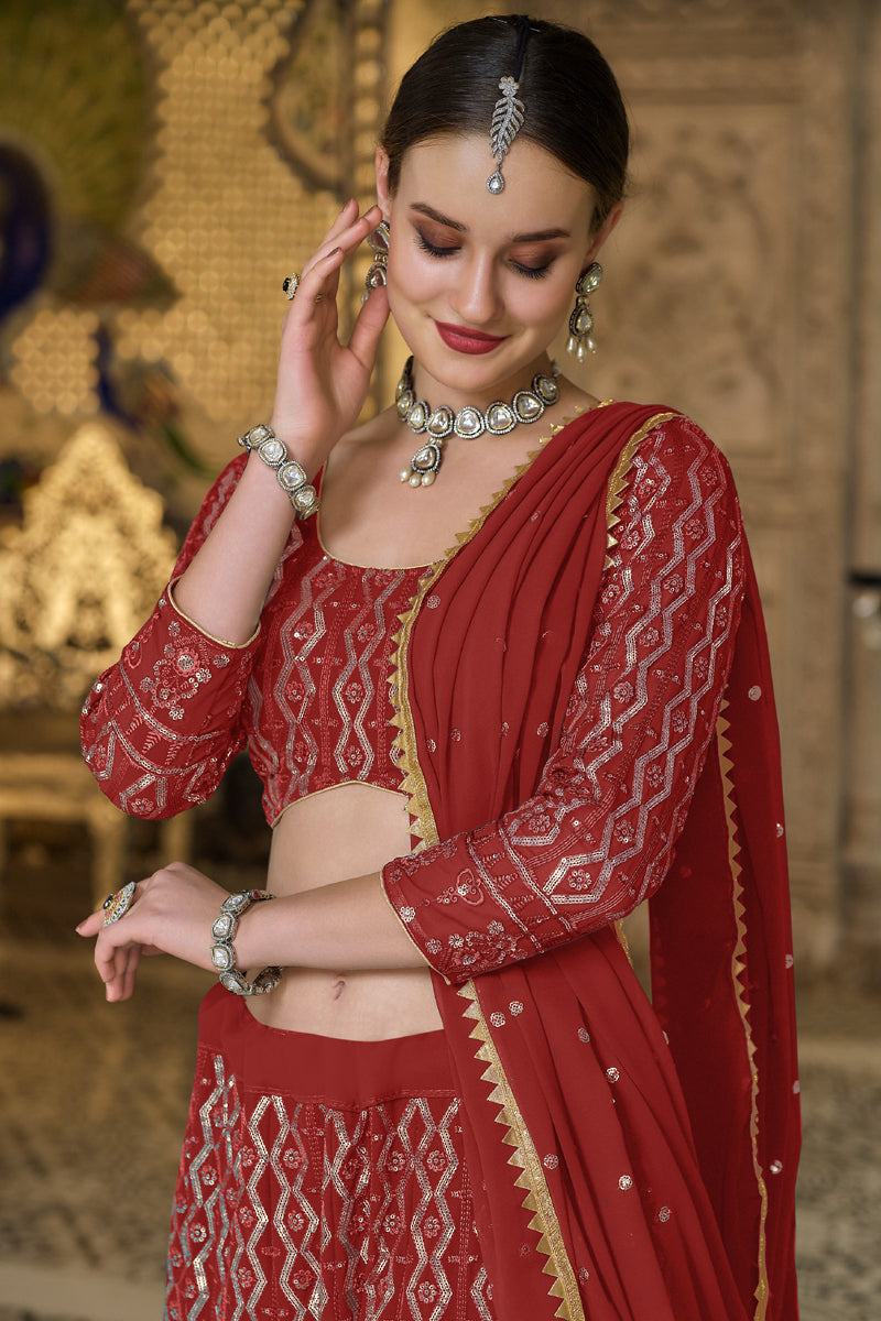 Georgette Fabric Sangeet Wear Red Color Embroidered Charismatic Lehenga