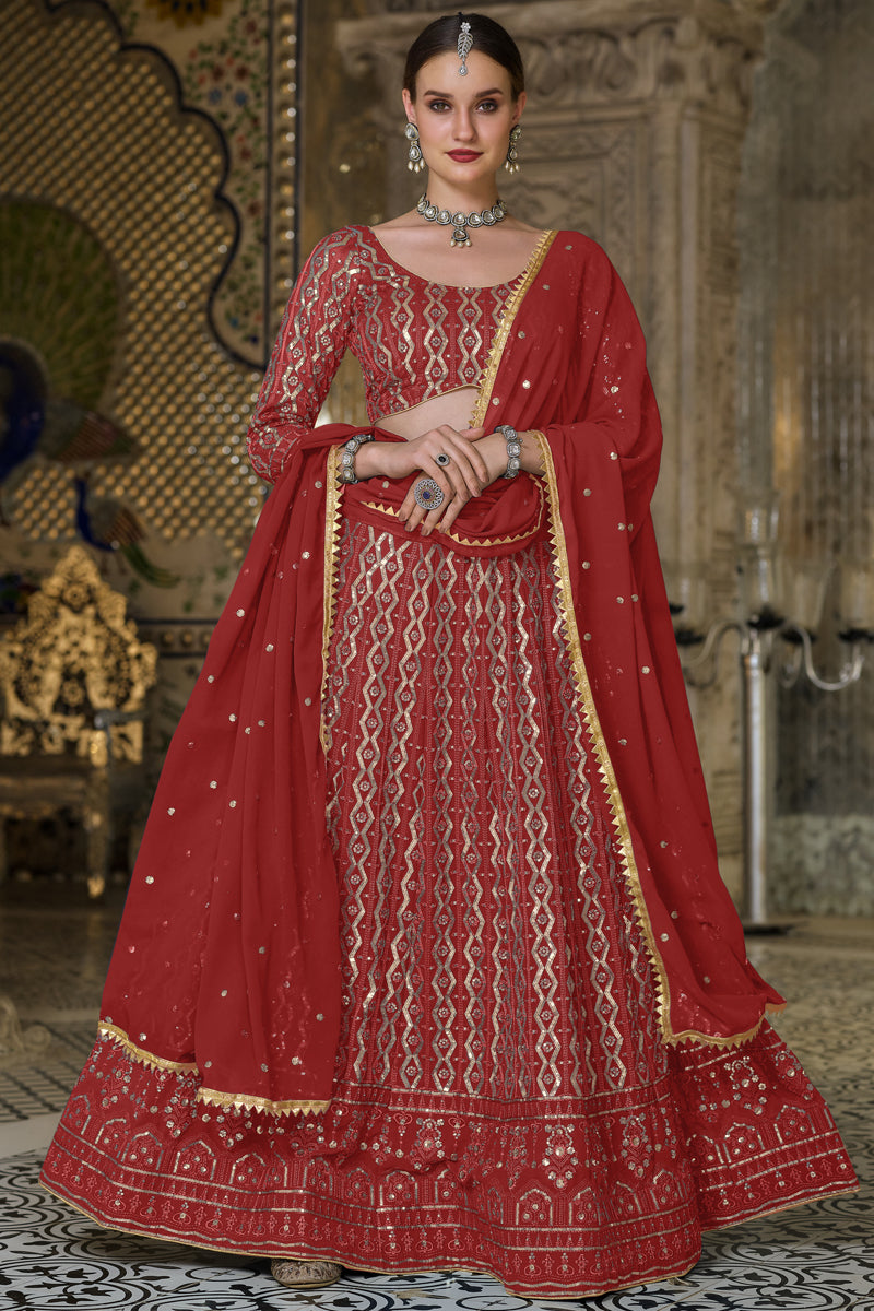 Georgette Fabric Sangeet Wear Red Color Embroidered Charismatic Lehenga