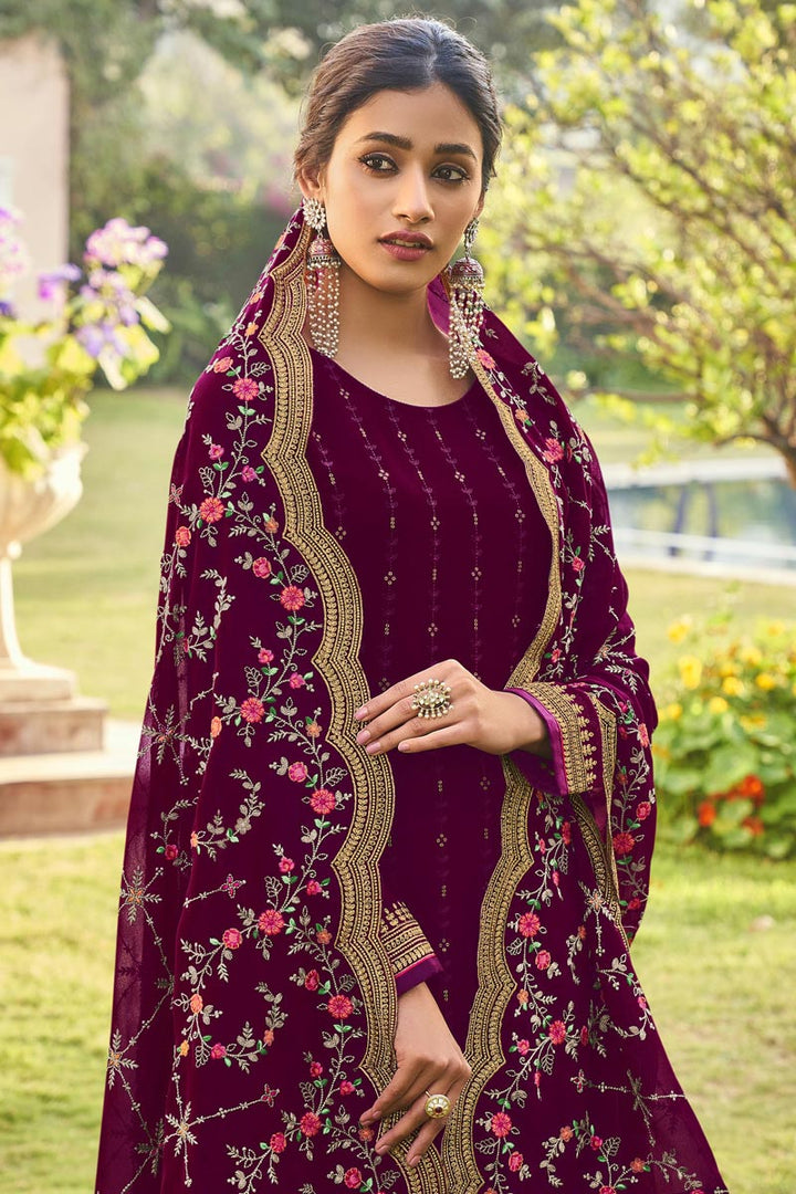 Incredible Georgette Fabric Wine Color Function Wear Palazzo Suit