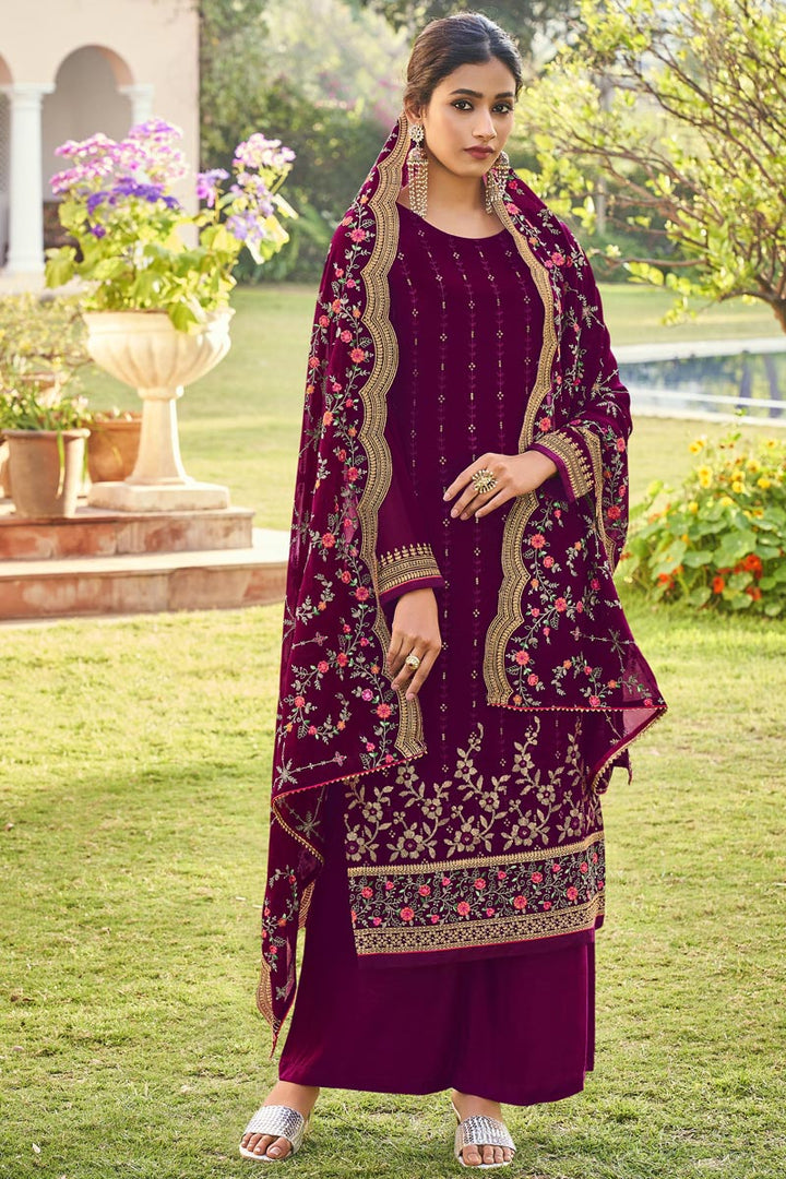 Incredible Georgette Fabric Wine Color Function Wear Palazzo Suit