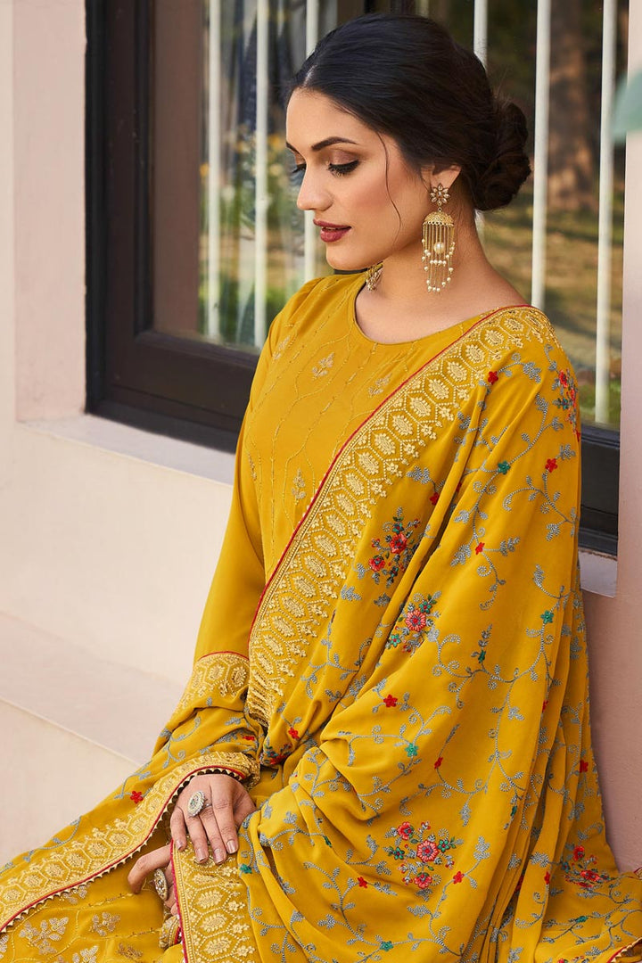 Tempting Georgette Fabric Yellow Color Function Wear Palazzo Suit