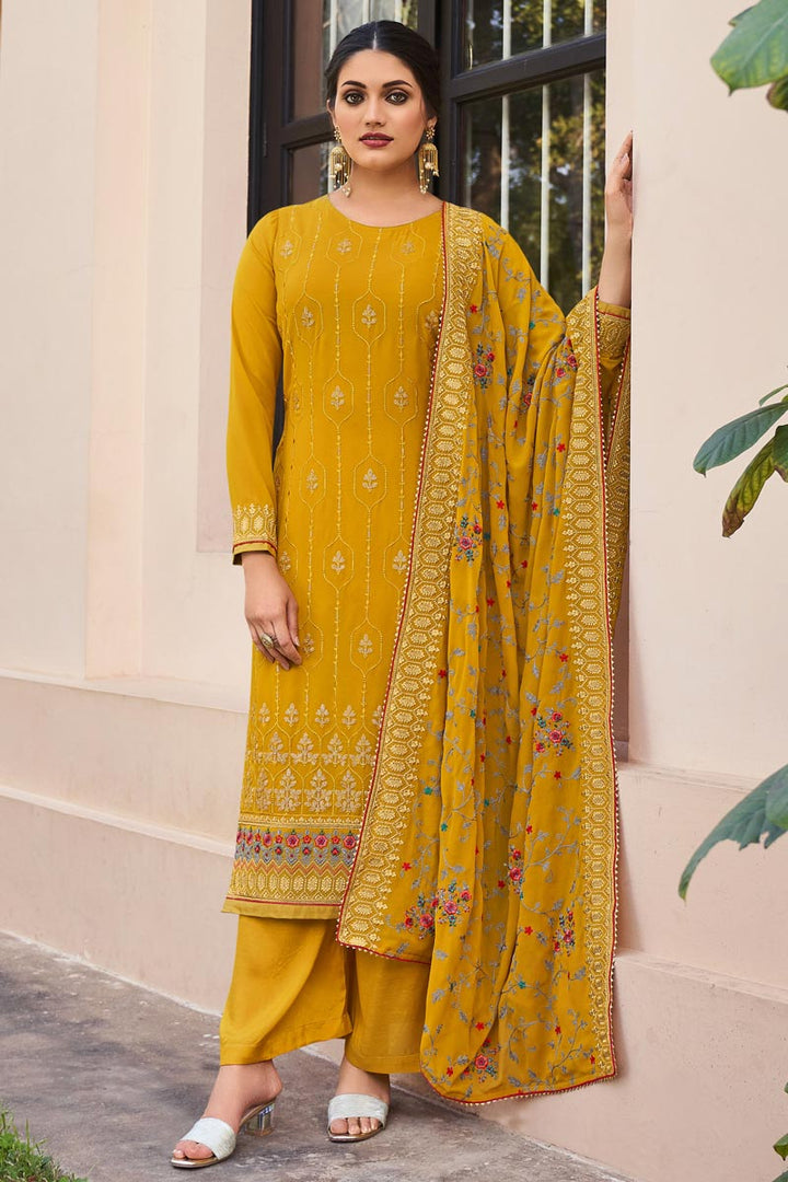 Tempting Georgette Fabric Yellow Color Function Wear Palazzo Suit