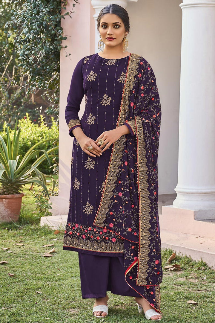 Engaging Purple Color Georgette Fabric Function Wear Palazzo Suit