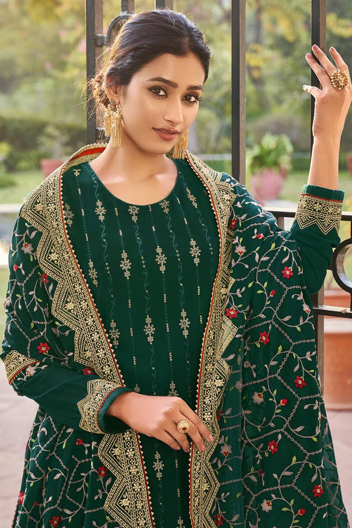 Classic Dark Green Color Function Wear Palazzo Suit In Georgette Fabric