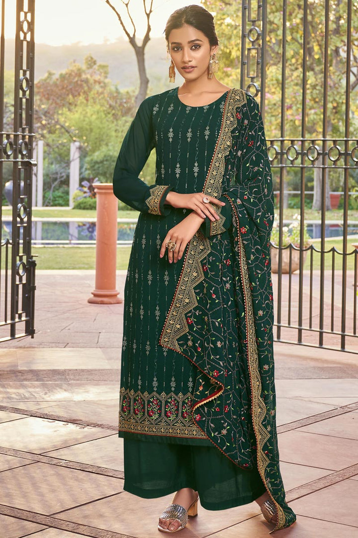 Classic Dark Green Color Function Wear Palazzo Suit In Georgette Fabric