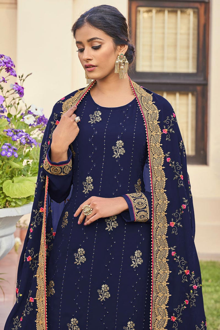 Beguiling Blue Color Georgette Fabric Function Wear Palazzo Suit