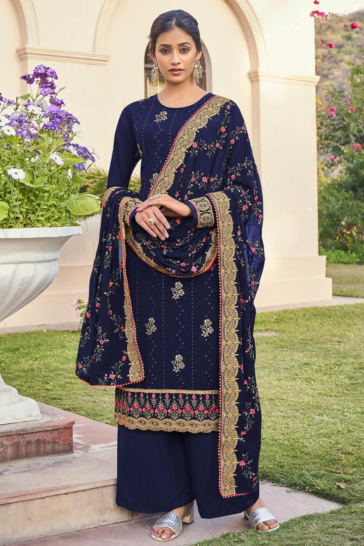 Beguiling Blue Color Georgette Fabric Function Wear Palazzo Suit