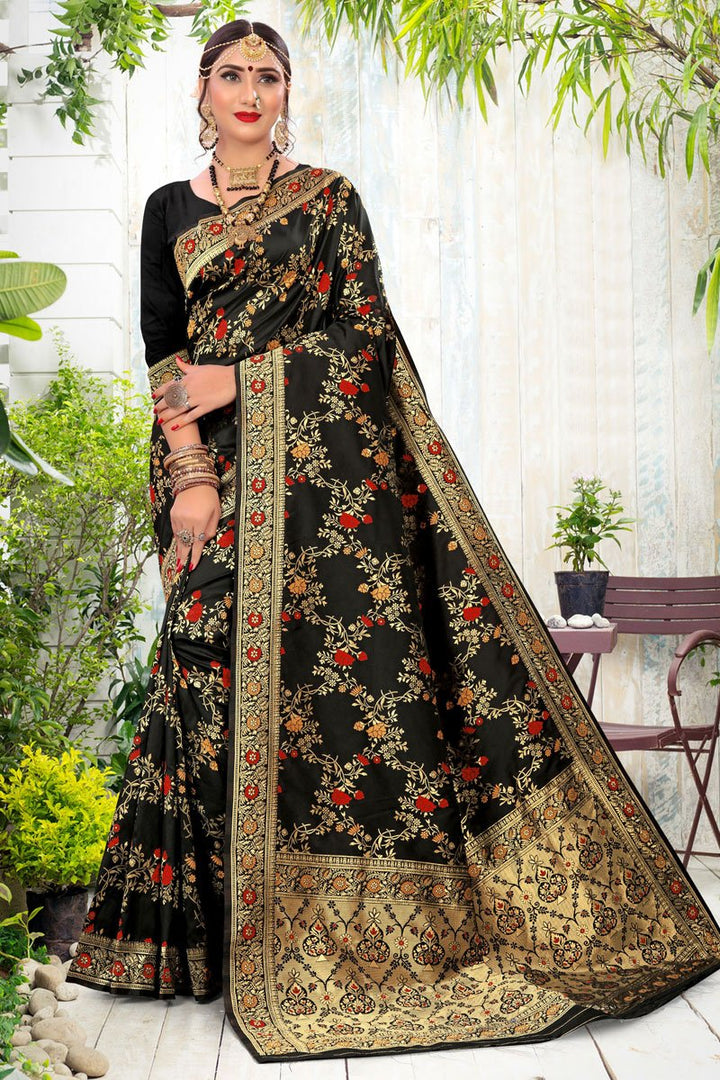 Festive Wear Black Color Weaving Work Saree In Fancy Art Silk Fabric