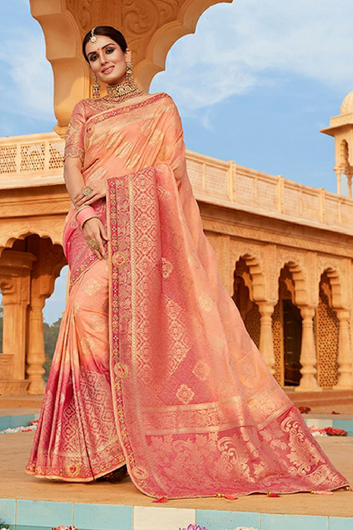 Salmon Color Designer Saree In Silk Fabric