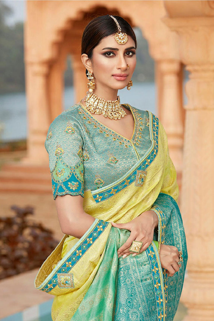 Silk Fabric Party Wear Saree In Yellow Color