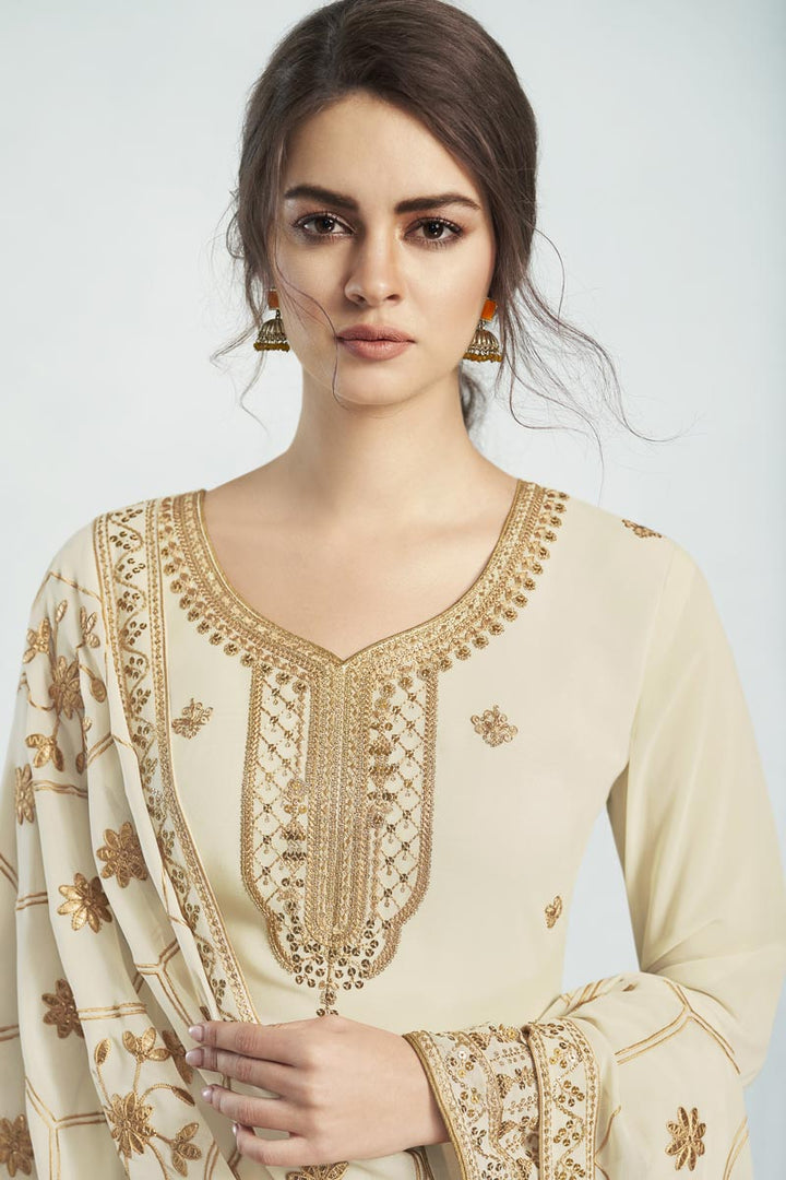 Festive Wear Alluring Beige Color Embroidered Georgette Fabric Palazzo Dress